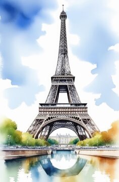 Eiffel Tower, watercolor vertical illustration of famous Paris sight. France capital, travelling.
