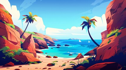 Tropical seascape with rock and palm modern. Summer ocean scene with lagoon and shore. Beautiful seaside coast road for vacation. Tropical horizon paradise day panorama concept. - obrazy, fototapety, plakaty
