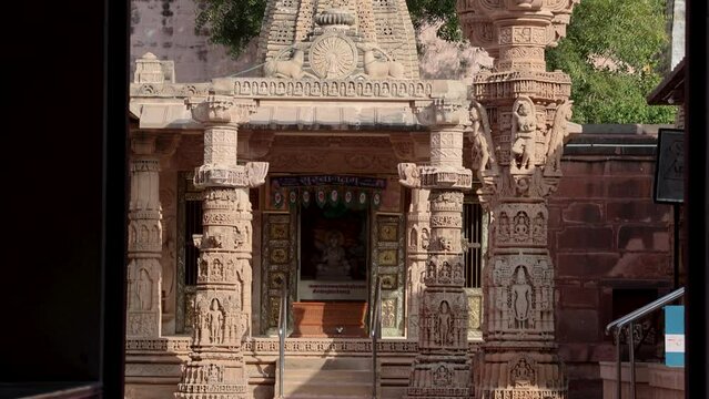 ancient jain temple artistic architecture at day from flat angle image is taken at Osiyan Mahaveerswami Shwetamber Jain Temple osiyan jodhpur rajasthan india.