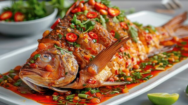Delicious whole fish lightly breaded and deep fried pla rad prik with covered in thai peppers and thick sweet and spicy sauce, studio lighting. Generative AI.