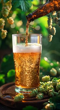 Cool fresh beer is poured into a glass. There are hops next to the glass. In the background you can see hops moving in the wind and a blurred green background with sun. Fresh vertical beverage video.