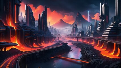 AI generated illustration of a futuristic cityscape with lava streaming through, cyberpunk style - obrazy, fototapety, plakaty