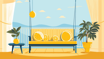 Obraz premium Sauna with a bench, palm trees and oranges. Vector illustration