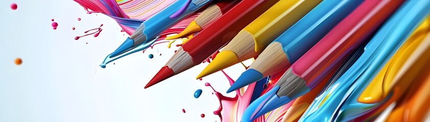 Paint brushes with paints on white background
