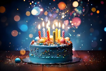Birthday cake with burning candles on bokeh background, closeup, Birthday cake with burning candles on blue background. 