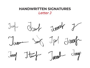 Handwritten Autographs set with letter J. Fake hand drawn scribble. Fictitious signature for business certificate or note. Vector doodle isolated illustration 1 of 26. - obrazy, fototapety, plakaty