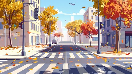 Cartoon autumn city street landscape with sidewalk and traffic light near road crossing, buildings, and trees with brown leaves. Modern fall city street landscape with pavement and pedestrian - obrazy, fototapety, plakaty