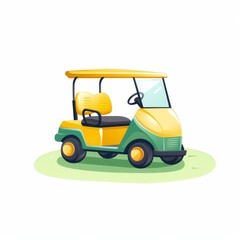 A yellow and green golf cart is parked on a grassy field