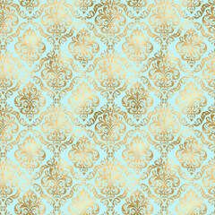 Baby Blue and Gold Damask, Pattern Digital Paper