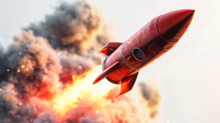 Rocket Launching into Space with Fiery Thrusters, A powerful rocket soars upwards, its thrusters ablaze with fire and smoke against a clear sky, symbolizing ambition and exploration.