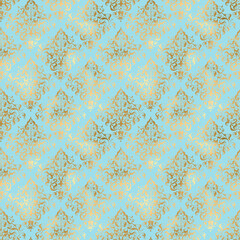 Baby Blue and Gold Damask, Pattern Digital Paper