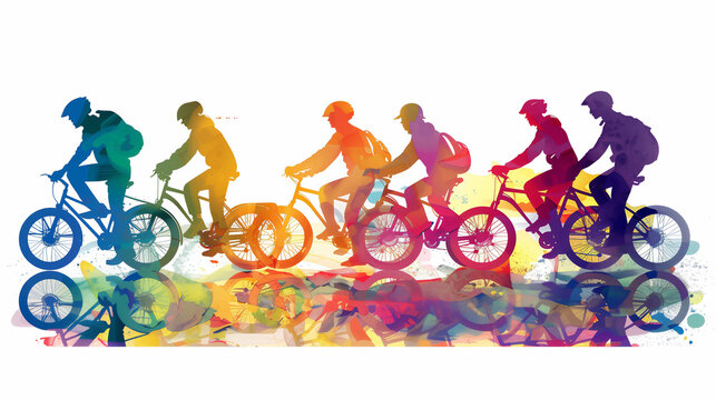 Male cyclists road racer, ebike riders or mountain bikers shown in a colourful contemporary athletic abstract design for a poster or flyer, stock illustration image