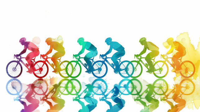 Male cyclists road racer, ebike riders or mountain bikers shown in a colourful contemporary athletic abstract design for a poster or flyer, stock illustration image