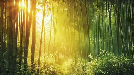 Tranquil bamboo forest with sunlight filtering through the tall stalks