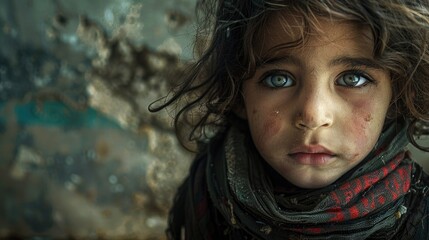 A portrait of a young girl with big green eyes and a red scarf around her neck - obrazy, fototapety, plakaty