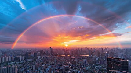 A rainbow over a city at sunset.