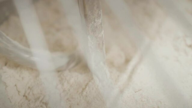 Closeup of electric mixer mixing in flour into the dough