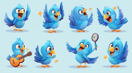 A funny cartoon character animated with pigeons in different poses and expressions. You can see pigeons playing guitar, sending air kisses, being angry and sick, playing with a thermometer in their