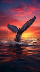 Fototapeta premium Whale tail above ocean at sunset, silhouette, wide angle, cinematic tint , pastel, 3D Animator