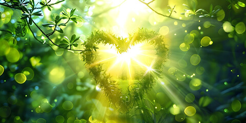 The Heart of Mother Nature - up in the tree branches the sun shines through the centre of a heart shape made from small leaves ideal for nature theme, environmental campaign, wicca background
