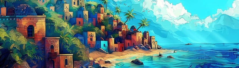 Vibrant Coastal Town Artwork with Tropical Scenery, An enchanting artwork depicting a colorful coastal town with palm trees and azure waters, bringing a tropical paradise to life.