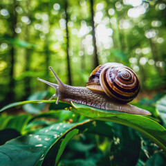 A snail on a leaf in a woodland scene