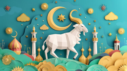 Eid Celebration with White Ram and Islamic Motifs, A festive paper art scene featuring a white ram against a backdrop of Islamic architecture, stars, and crescent moon for Eid celebrations.