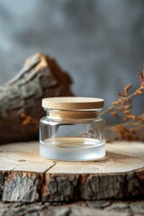 Obraz na płótnie Canvas Minimalist Glass Jar with Wooden Lid on Rustic Wooden Surface