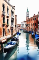 Fototapeta na wymiar Italy postcard, travelling concept. watercolor illustration of water canals of Venice with gondolas