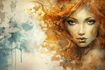 An expressive digital painting of a woman with vivid blue eyes and fiery orange hair