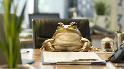 A frog is perched on top of a wooden table - Powered by Adobe