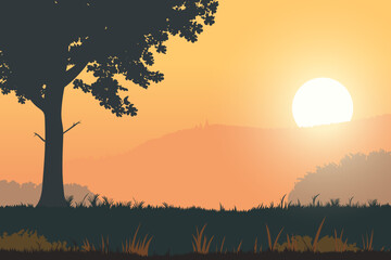 Beautiful landscape vector illustration of a summer sunset against a background of mountains, forests, fields and meadows. Stunning natural landscape with silhouette of trees. Natural landscape.
