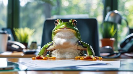 A frog perched atop a rustic wooden table - Powered by Adobe