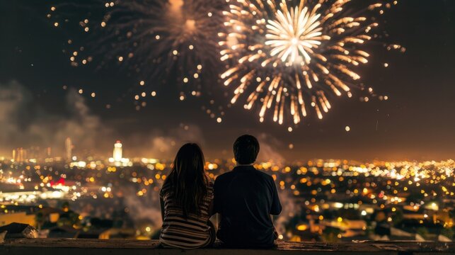 Two individuals sitting on a ledge, gazing at a fireworks display in the night sky with awe and enjoyment