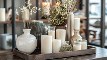 A showcasing of home decor items featuring candles, vases, and figurines on a tray arranged neatly on a table