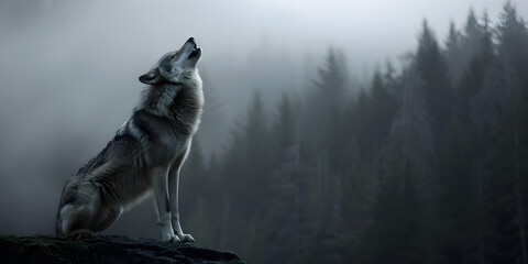 A lone wolf howling in the fog, its silhouette barely visible against the misty background.