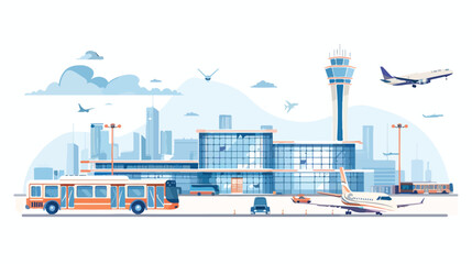 Airport building exterior with bus airplane and city.