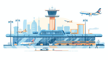 Airport building exterior with bus airplane and city.