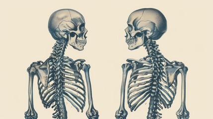 A vintage engraving shows a Human skeleton from the front and the back, named and described with its functions. From the Trousset encyclopedia (1886-1901).