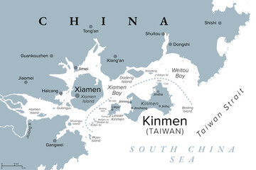 Kinmen, also known as Quemoy, gray political map. Group of islands governed as county by Taiwan, the Republic of China, east from the city of Xiamen, located at the southeastern coast of China, PRC.