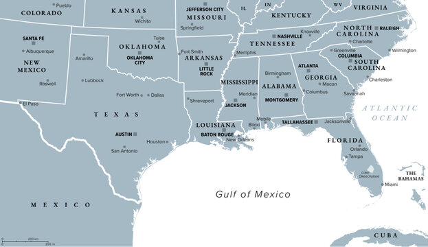 Gulf States of the United States, also called Gulf South or South Coast, political map. Coastline along Southern United States at Gulf of Mexico. Texas, Louisiana, Mississippi, Alabama and Florida.