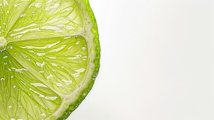 Closeup of a tangy lime slice with water droplets on a white background