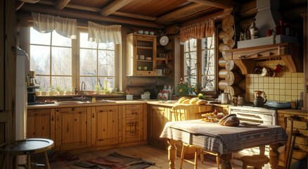 cozy kitchen in wooden cabin, table in foreground with gingerbread 