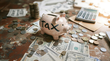 Tax Savings Concept with Piggy Bank and Money, A piggy bank labeled 'tax' amidst various denominations of money, coins, a calculator, indicating financial planning for taxes. - obrazy, fototapety, plakaty