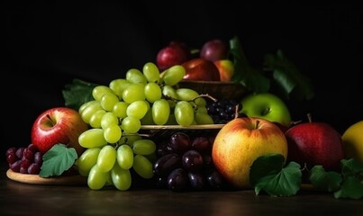 AI-generated illustration of various fruits on a table against a dark background