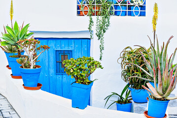 Typical white houses with blue windows and doors in the beautiful town of Nijar, Almeria, Andalusia