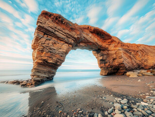 The archway is surrounded by rocks and sand, and the sky is clear and blue