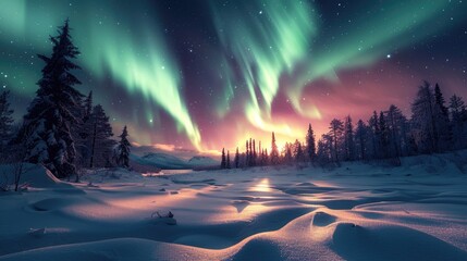 A winter landscape with a starry night sky and aurora borealis - obrazy, fototapety, plakaty