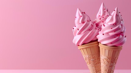 Two Ice Cream Cones With Pink Icing on a Pink Background