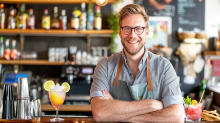 Smiling young male bartender in apron